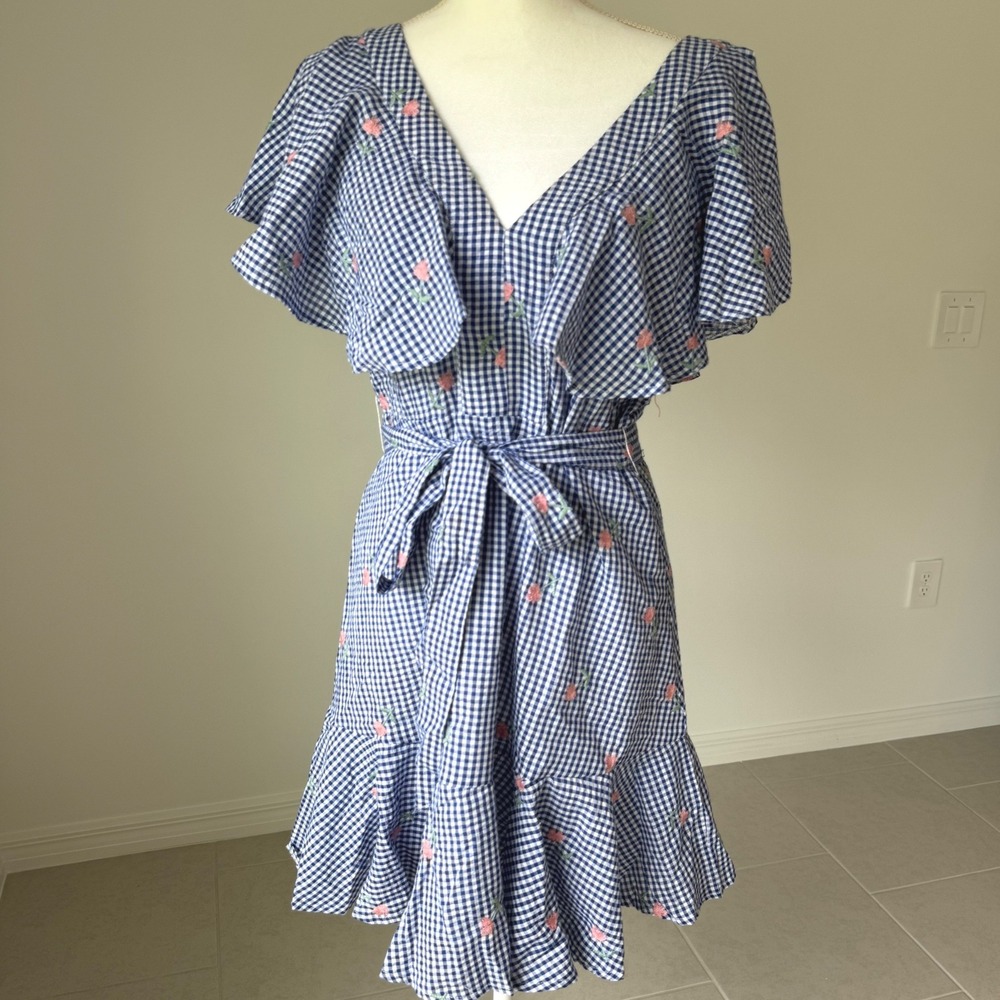 Peach Love California Gingham Floral Embroidered Ruffle Mini Dress size LARGE